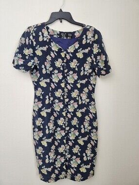 Vintage 100% Silk YL by Yair 90s Silk Floral Sheath Dress Blue Button Up Sz 8
